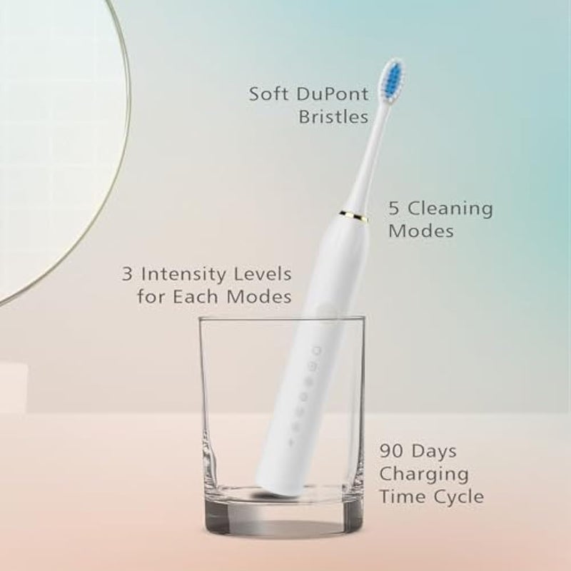X-3 Sonic Electric Toothbrush, IPX7 Waterproof, Powerful Rechargeable with Replaceable Heads, 6 Cleaning Modes, Advanced Gum Care & Plaque Removal- White - Image 4