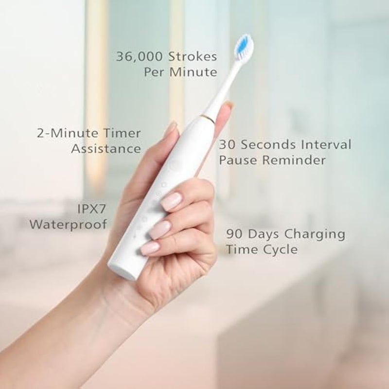 X-3 Sonic Electric Toothbrush, IPX7 Waterproof, Powerful Rechargeable with Replaceable Heads, 6 Cleaning Modes, Advanced Gum Care & Plaque Removal- White - Image 2