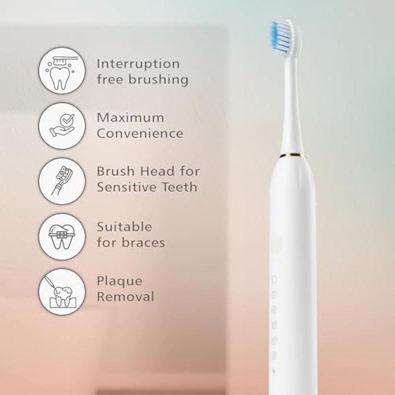 X-3 Sonic Electric Toothbrush, IPX7 Waterproof, Powerful Rechargeable with Replaceable Heads, 6 Cleaning Modes, Advanced Gum Care & Plaque Removal- White - Image 3