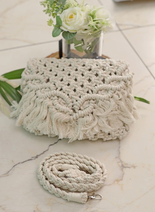 LABZIO Womens Handcrafted Macrame Bag with Fringe | Boho Chic 100% Cotton | Lightweight and Eco-Friendly ((Off White PInk)) - Image 4