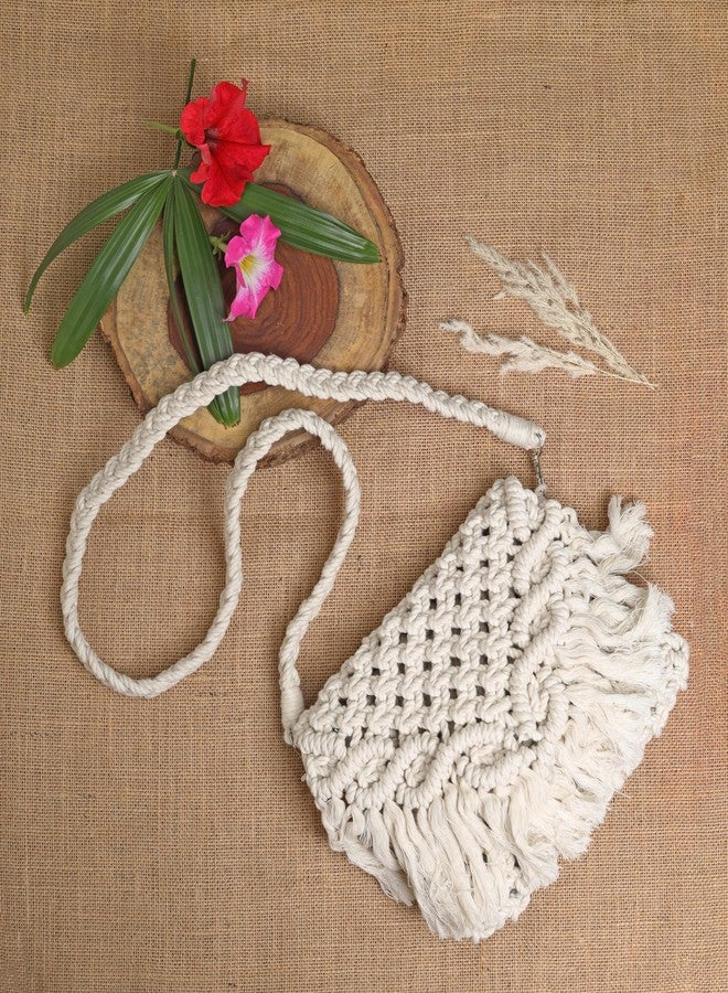 LABZIO Womens Handcrafted Macrame Bag with Fringe | Boho Chic 100% Cotton | Lightweight and Eco-Friendly ((Off White PInk)) - Image 2