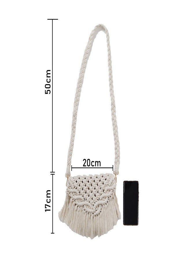 LABZIO Womens Handcrafted Macrame Bag with Fringe | Boho Chic 100% Cotton | Lightweight and Eco-Friendly ((Off White PInk)) - Image 3