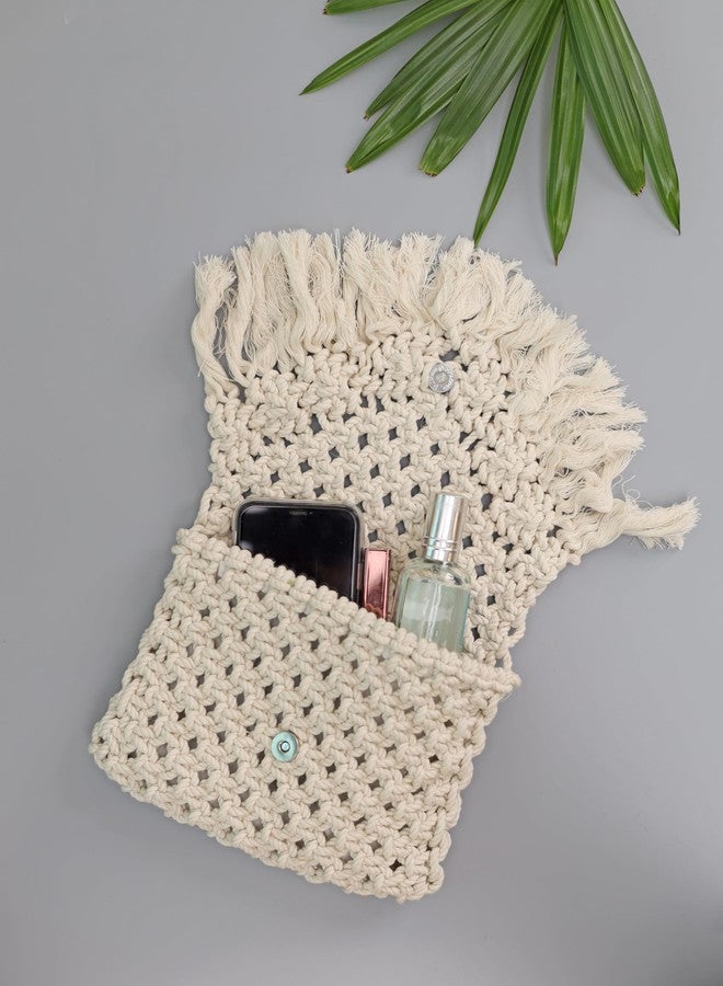 LABZIO Womens Handcrafted Macrame Bag with Fringe | Boho Chic 100% Cotton | Lightweight and Eco-Friendly ((Off White PInk)) - Image 5