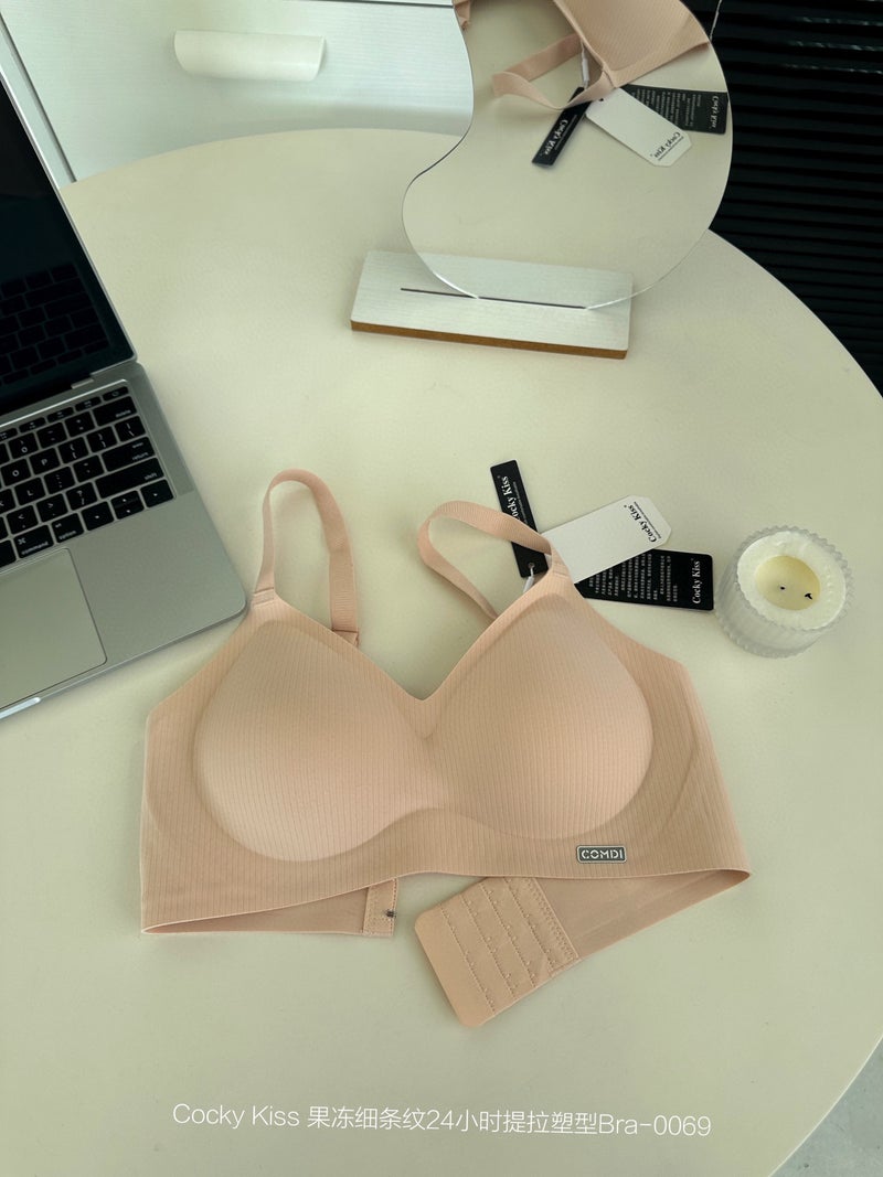 Jelly Pinstripe Soft Support Strap Deep V Gather Pull-Up Plastic Semi-Fixed Cup Underwear Women'S Bra Live - Image 1