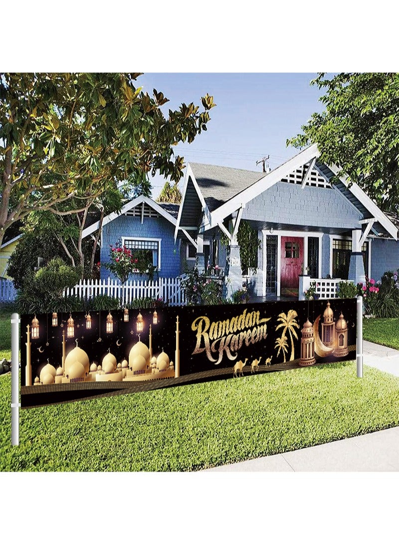 Aikanbo Mubarak Kareem Decorations, 118 x 19.6 Inches,Extra Large Ramadan Kareem Fabric Banner, Eid Mubarak Yard Sign for Home Decoration,Yard Fence Banner Black and Gold for Islamic Party Supplies - Image 1