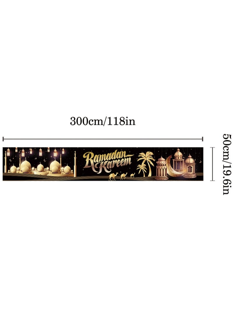 Aikanbo Mubarak Kareem Decorations, 118 x 19.6 Inches,Extra Large Ramadan Kareem Fabric Banner, Eid Mubarak Yard Sign for Home Decoration,Yard Fence Banner Black and Gold for Islamic Party Supplies - Image 2