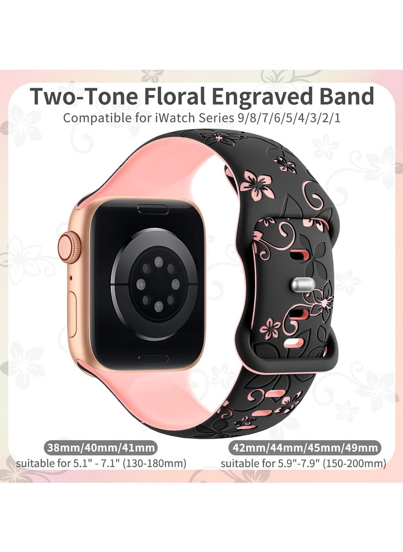 DKNG - Apple Watch Series 10 Band, Flower Engraved Band Compatible Apple Watch Band 38mm 40mm 41mm Ladies, Cute Flower iWatch Band iWatch Series Soft Silicone Sport Band for the iWatch Series SE 10 9 8 7 6 5 4 3 Ultra - Image 1