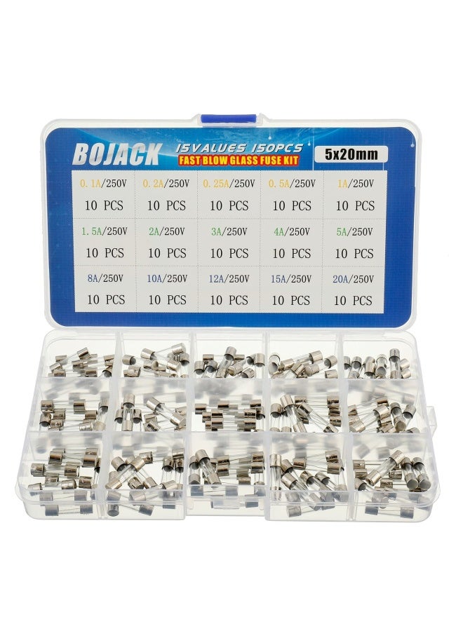 BOJACK 15 Values 150 Pieces Fast Blow Glass Fuses Assortment Kit 5X20 Mm 250 V 0.1 0.2 0.25 0.5 1 1.5 2 3 4 5 8 10 12 15 20 A Packag In A Clear Plastic Box - Image 1
