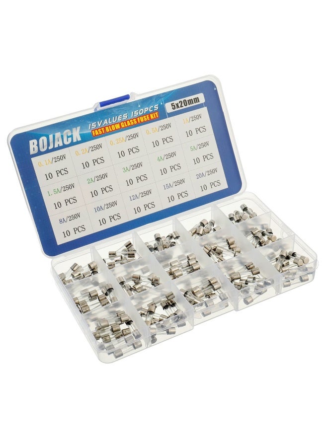 BOJACK 15 Values 150 Pieces Fast Blow Glass Fuses Assortment Kit 5X20 Mm 250 V 0.1 0.2 0.25 0.5 1 1.5 2 3 4 5 8 10 12 15 20 A Packag In A Clear Plastic Box - Image 2