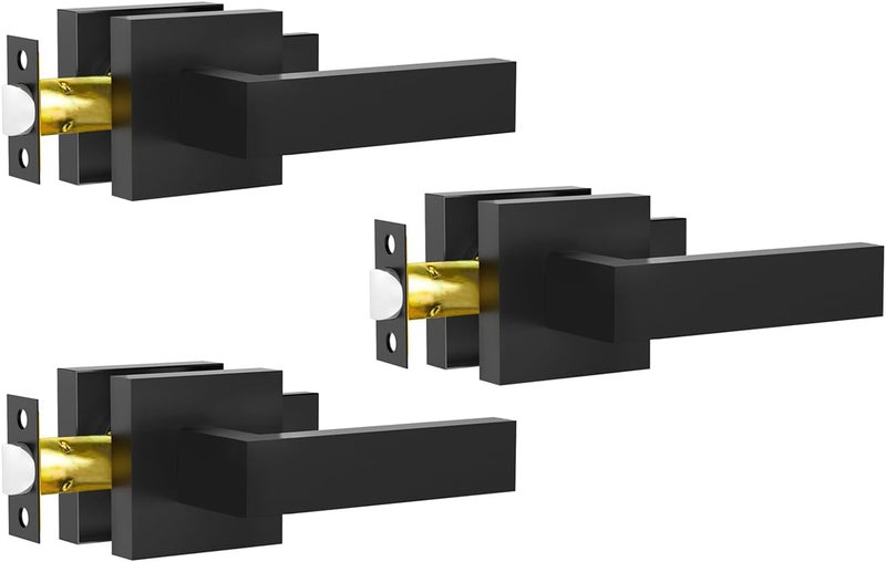 RAZCC Passage Door Lever, 3 Pack Matte Black Interior Door Handles for Hallway and Closet, Heavy Duty Square Interior Keyless Door Handles Non-Locking Door Knobs for Right & Left Side Door - Image 1