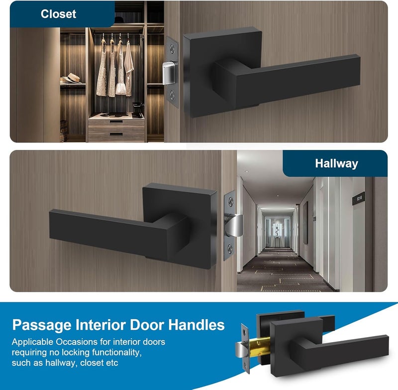 RAZCC Passage Door Lever, 3 Pack Matte Black Interior Door Handles for Hallway and Closet, Heavy Duty Square Interior Keyless Door Handles Non-Locking Door Knobs for Right & Left Side Door - Image 3