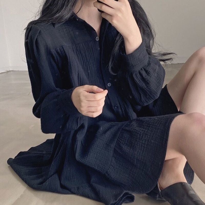 South Korea 2024 spring simple elegant lapel pleated loose single-breasted puff sleeve short doll dress Black