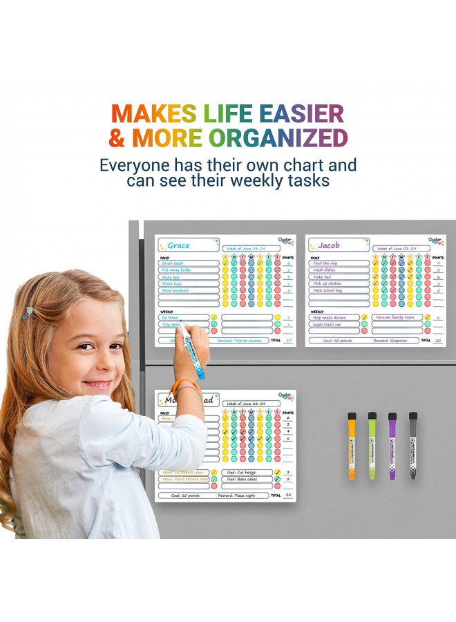 Oyster&Pop Magnetic Chore Charts for Multiple Kids & Adults - 3Pcs Chore Boards with 5 Fine Tip Dry Erase Markers - Behavior Charts - Responsibility & Reward Charts for Family Organization on Your Refrigerator  - Image 1