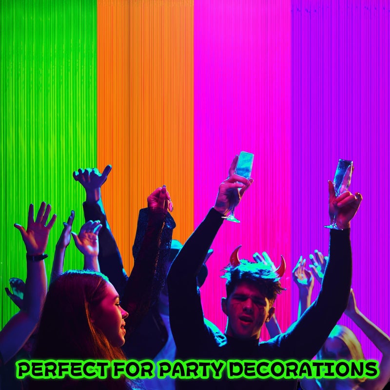 Demonwer 4 Pack Glow in The Dark Curtains Party Supplies 6.6 x 3.3 Ft Glow Tinsel Foil Fringe Curtains Colorful Photo Booth Prop Backdrop Streamer for Birthday Holiday Neon Party Decorations - Image 5
