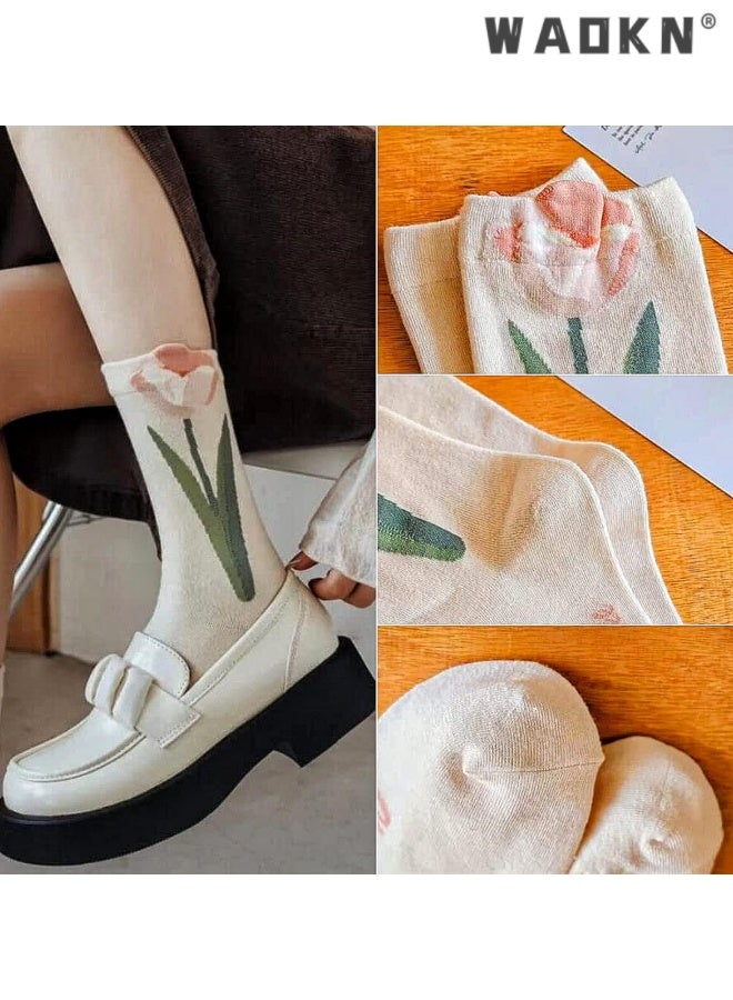 WAOKN 4 Pairs Casual Vintage Floral Cotton Socks for Women 4 Pairs Cute Ruffle Slouch Socks , suitable for Teen Grils Above Ankle Athletic Socks ,Tulip Series socks , soft and comfortable , green ,beige and blue . - Image 2