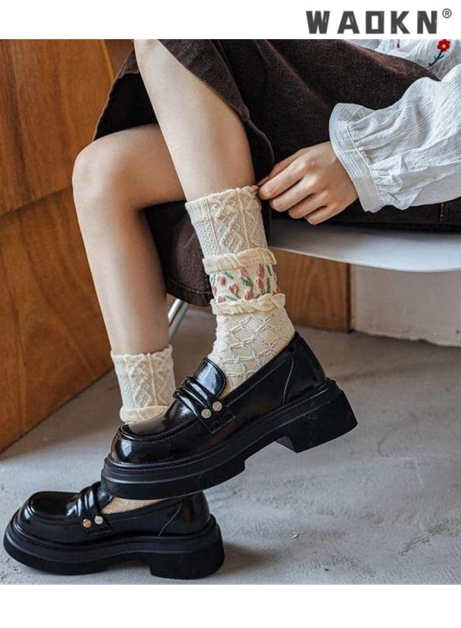 WAOKN 4 Pairs Casual Vintage Floral Cotton Socks for Women 4 Pairs Cute Ruffle Slouch Socks , suitable for Teen Grils Above Ankle Athletic Socks ,Tulip Series socks , soft and comfortable , green ,beige and blue . - Image 5