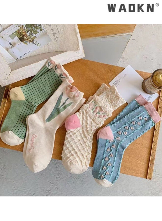 WAOKN 4 Pairs Casual Vintage Floral Cotton Socks for Women 4 Pairs Cute Ruffle Slouch Socks , suitable for Teen Grils Above Ankle Athletic Socks ,Tulip Series socks , soft and comfortable , green ,beige and blue . - Image 1