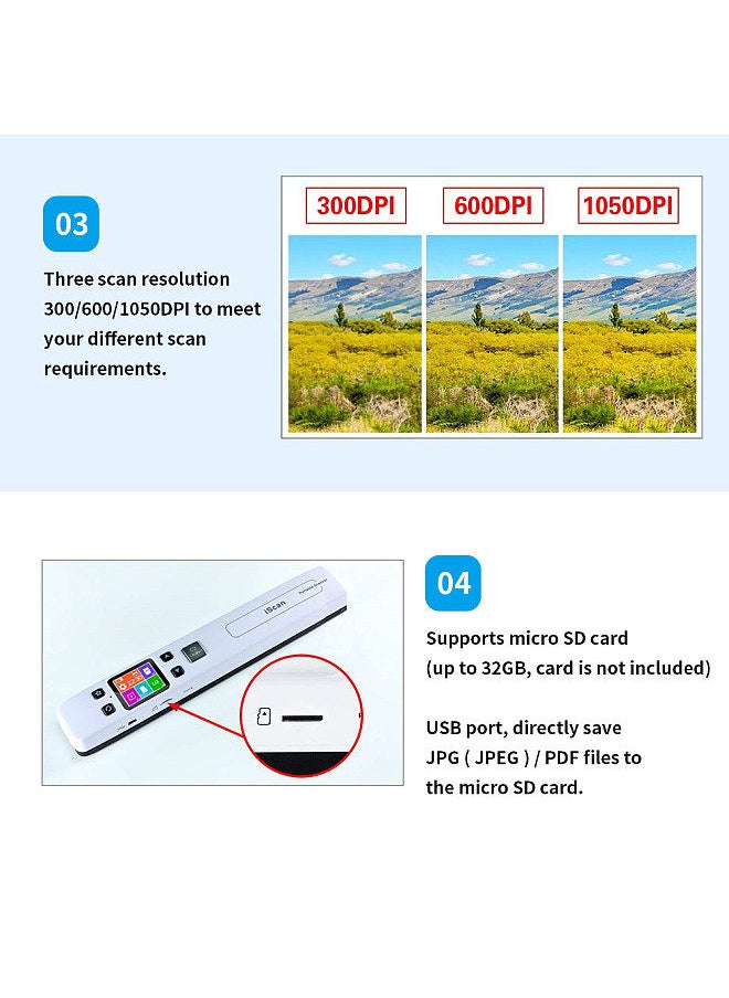 iScan - 1050DPI Portable Scanner Support TF Card Max. 32GB Photo JPEG PDF Color Scanning Receipts Books A4 Document - Image 1