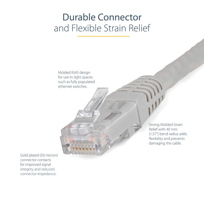 StarTech.com 50ft CAT6 Ethernet Cable - Gray CAT 6 Gigabit Ethernet Wire -650MHz 100W PoE++ RJ45 UTP Molded Category 6 Network/Patch Cord w/Strain Relief/Fluke Tested UL/TIA Certified (C6PATCH50GR) Grey - Image 3