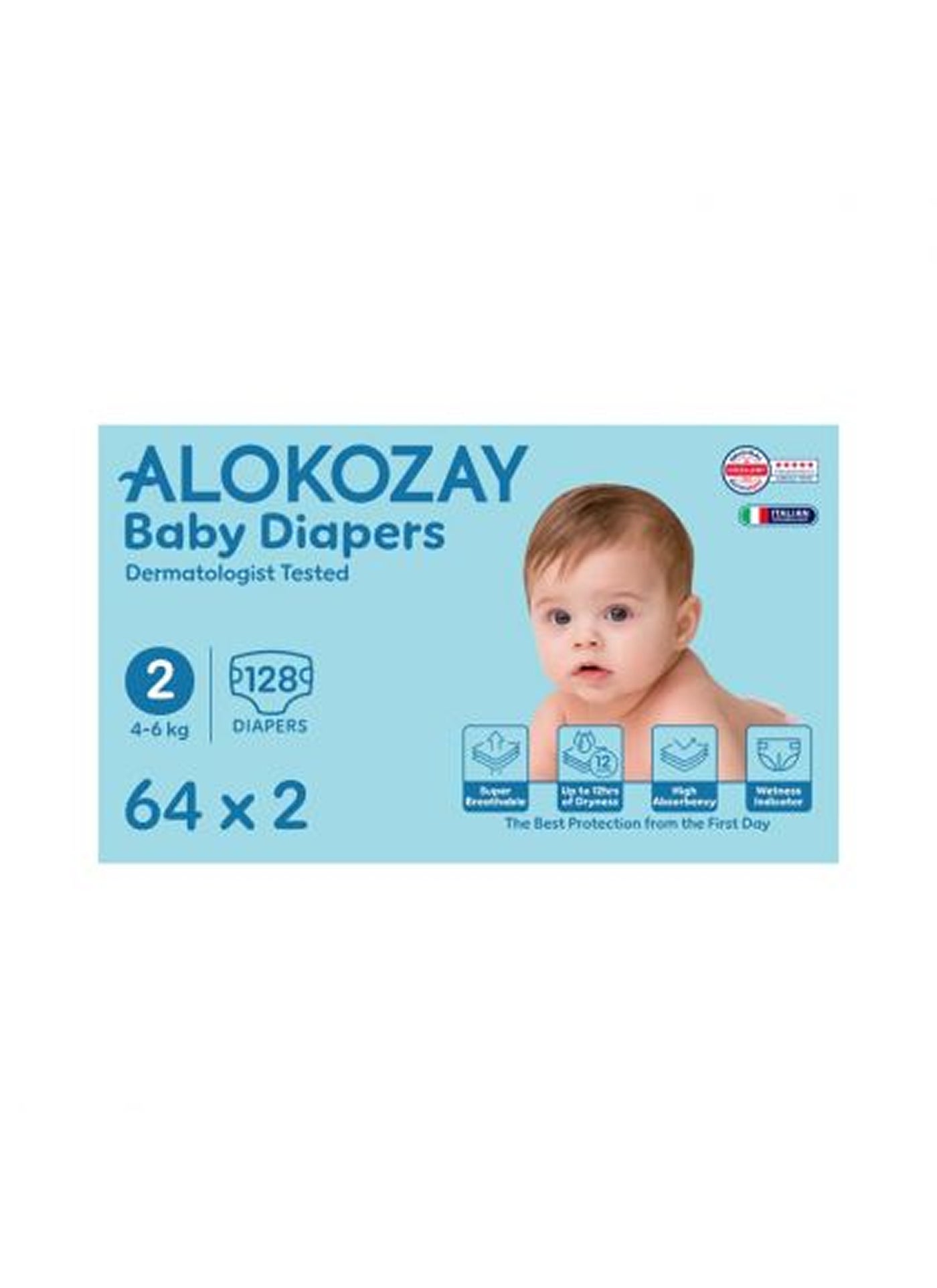Alokozay Premium Baby Diapers - Size 2 4-6 Kg 2 x 64 Diapers