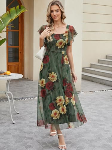 Caracilia Women Square Neck Floral Tulle Wedding Guest Bridemaid Dresses Summer Ruffle Sleeve High Slit Formal Midi Dress Red Yellow Rose S - Image 5