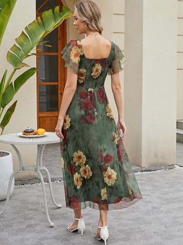 Caracilia Women Square Neck Floral Tulle Wedding Guest Bridemaid Dresses Summer Ruffle Sleeve High Slit Formal Midi Dress Red Yellow Rose S - Image 4
