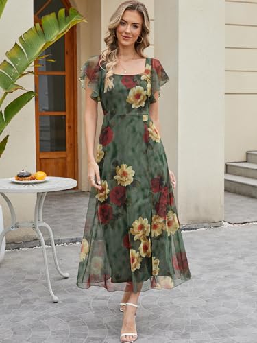 Caracilia Women Square Neck Floral Tulle Wedding Guest Bridemaid Dresses Summer Ruffle Sleeve High Slit Formal Midi Dress Red Yellow Rose S - Image 2