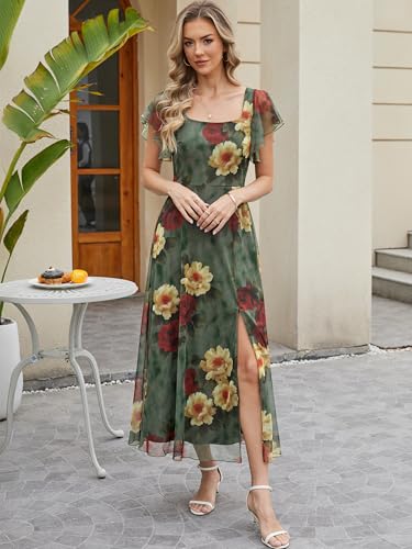 Caracilia Women Square Neck Floral Tulle Wedding Guest Bridemaid Dresses Summer Ruffle Sleeve High Slit Formal Midi Dress Red Yellow Rose S - Image 3