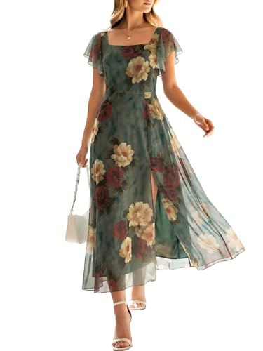 Caracilia Women Square Neck Floral Tulle Wedding Guest Bridemaid Dresses Summer Ruffle Sleeve High Slit Formal Midi Dress Red Yellow Rose S - Image 1