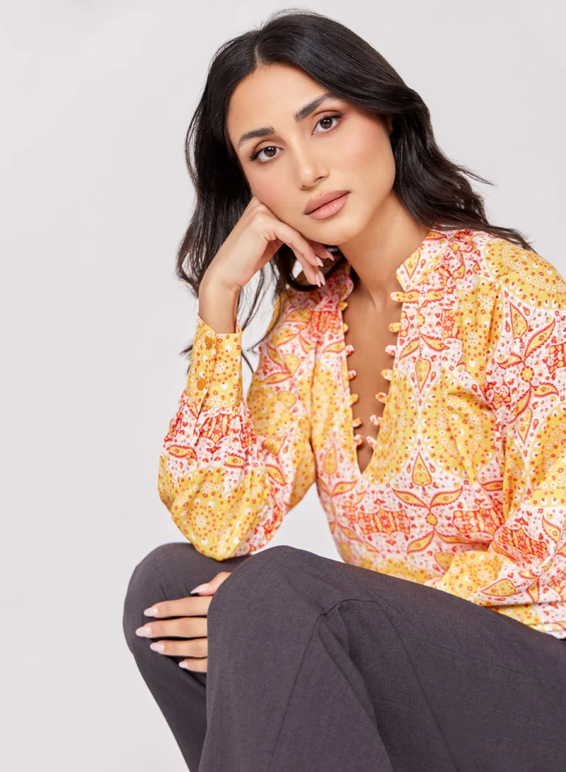 Zigzag Loop Attached Printed Chiffon Top