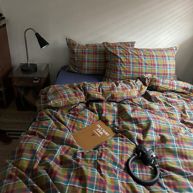 MKXI Buffalo Plaid Duvet Cover Set 3 Piece Vintage Bedding in Kelly Green, Navy & Red | 100% Washed Cotton Reversible Design with Zipper Closure & Corner Ties,Shabby Chic Aesthetic for Queen - Image 1