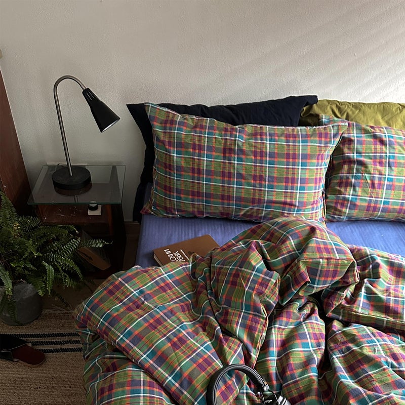 MKXI Buffalo Plaid Duvet Cover Set 3 Piece Vintage Bedding in Kelly Green, Navy & Red | 100% Washed Cotton Reversible Design with Zipper Closure & Corner Ties,Shabby Chic Aesthetic for Queen - Image 3