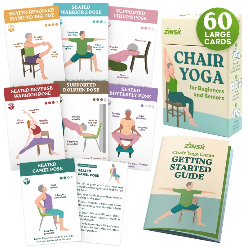 Zinsk 60 Chair Yoga Exercises â€“ Gentle Workouts for Flexibility, Balance & Strength â€“ Big 4â€³ x 6â€³ Cards with Step-by-Step Large-Text Instructions â€“ Guidebook & 10 Pre-Made Routines for Seniors & Beginners - Image 1