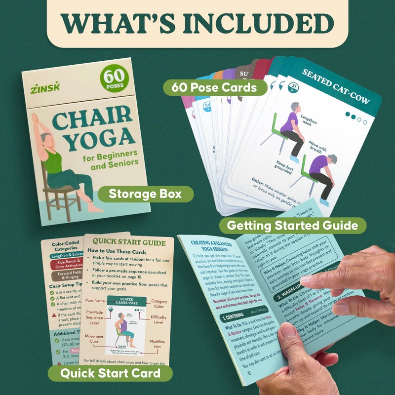 Zinsk 60 Chair Yoga Exercises â€“ Gentle Workouts for Flexibility, Balance & Strength â€“ Big 4â€³ x 6â€³ Cards with Step-by-Step Large-Text Instructions â€“ Guidebook & 10 Pre-Made Routines for Seniors & Beginners - Image 5