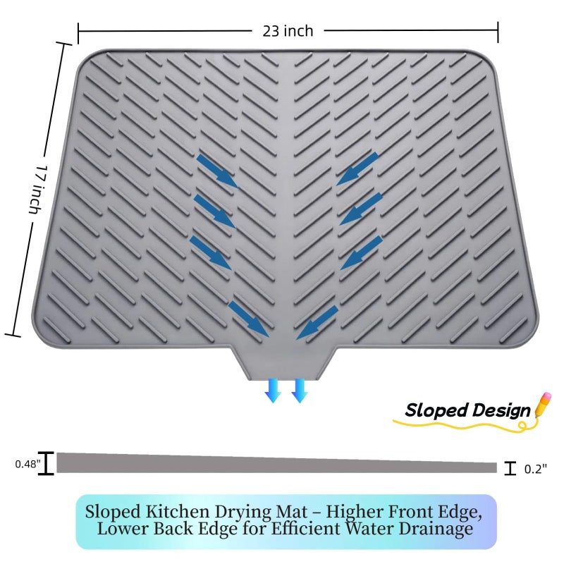 LKYLIVE Silicone Drying Mat, 23"X17" With Built-in Drain Lip,Heat-Resistant,Eco-friendly,Hygienic Drying Pad,Leak-Proof and Non-Slip,Silicone Dish Drying Mat for Kitchen Counter or Sinkï¼ˆGray 23X17ï¼‰ - Image 2