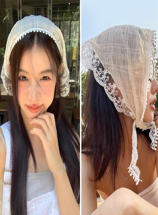 Yreamont Vintage White Chiffon Floral Lace Headpiece Headwrap Bandana for Women - Embroidered Fabric Head Covering - Image 2