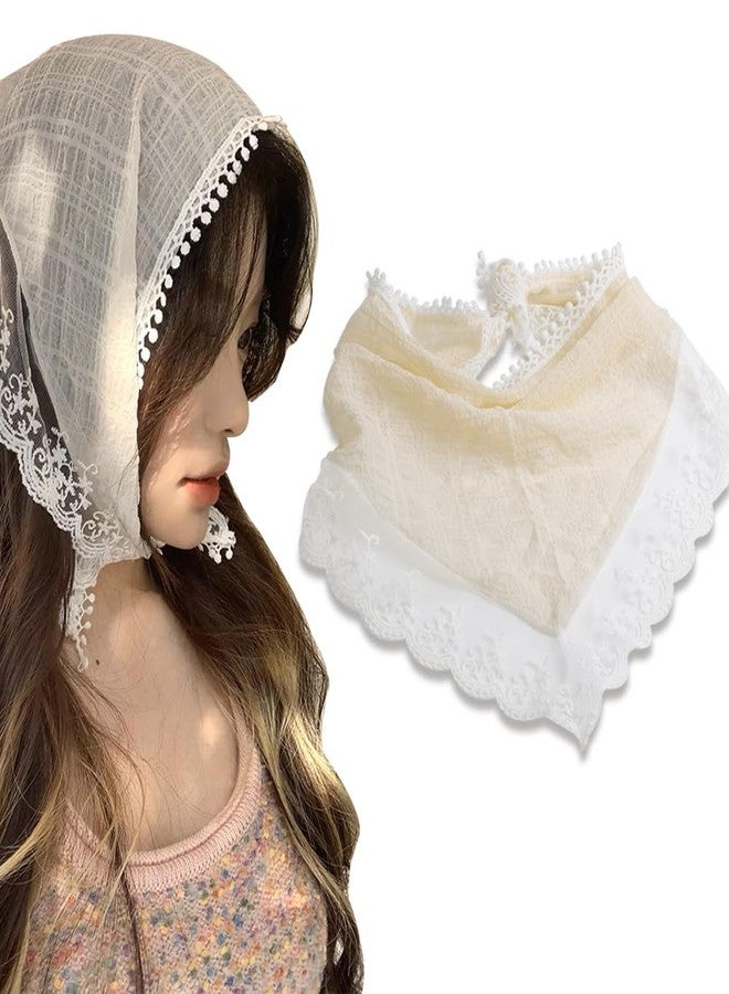 Yreamont Vintage White Chiffon Floral Lace Headpiece Headwrap Bandana for Women - Embroidered Fabric Head Covering - Image 1