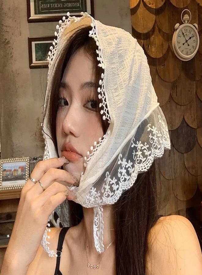 Yreamont Vintage White Chiffon Floral Lace Headpiece Headwrap Bandana for Women - Embroidered Fabric Head Covering - Image 3