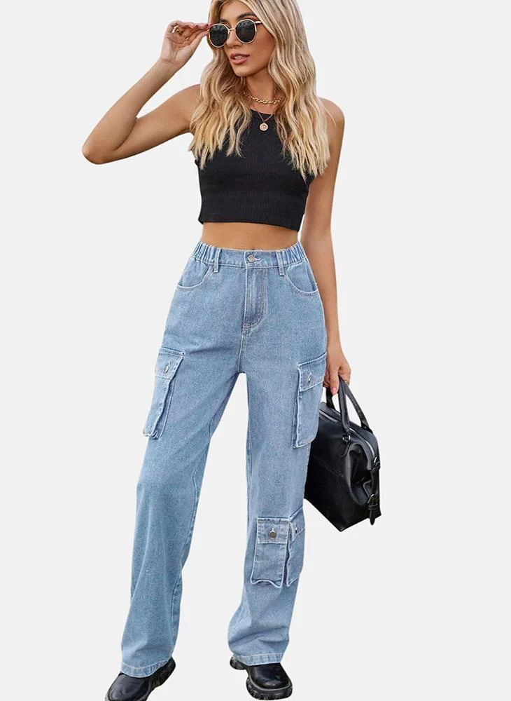YUNIQEE Blue Regular Fit Mid Rise Plain Cargo Pant