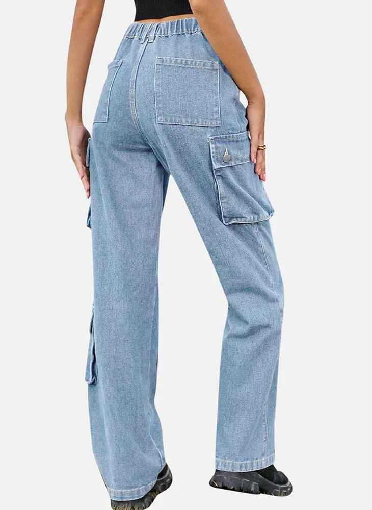 YUNIQEE Blue Regular Fit Mid Rise Plain Cargo Pant