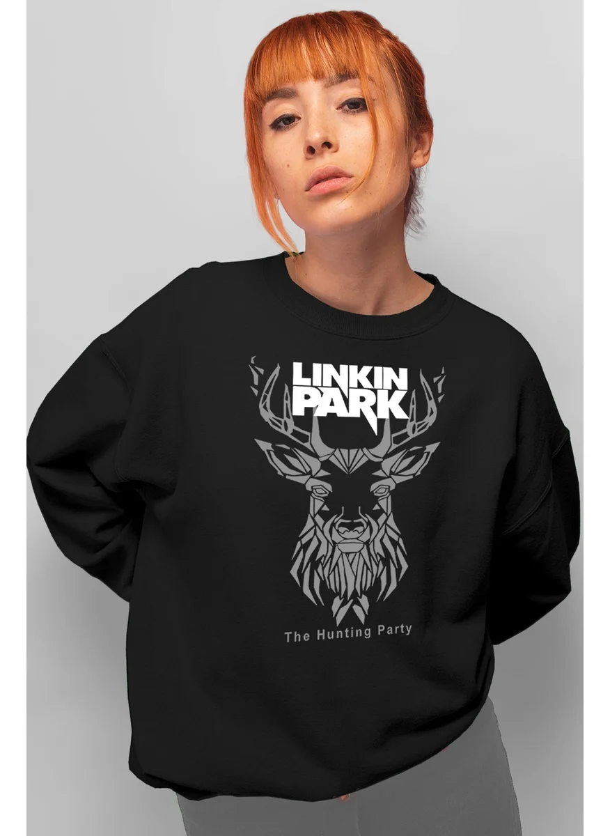 Rock&Roll Geometric Deer Black Oversize Crew Neck Thick Women's Sweatshirt