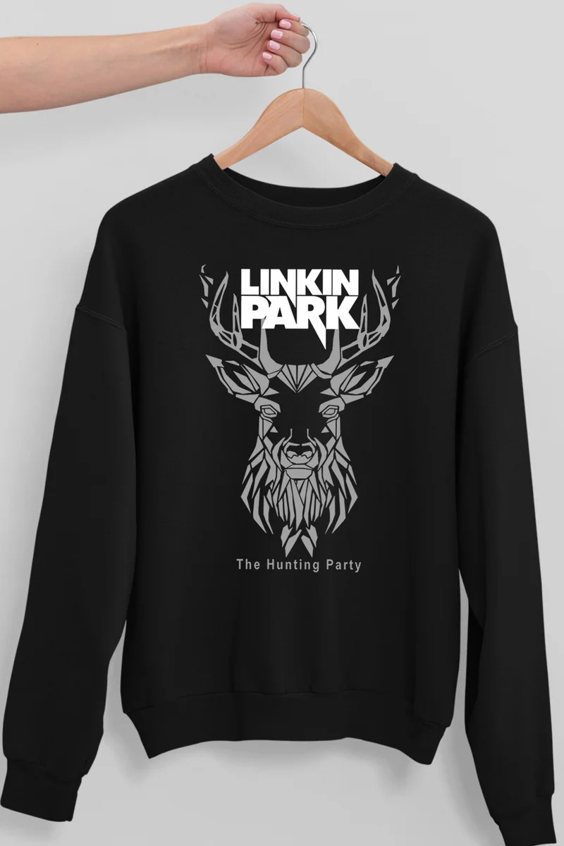 Rock&Roll Geometric Deer Black Oversize Crew Neck Thick Women's Sweatshirt