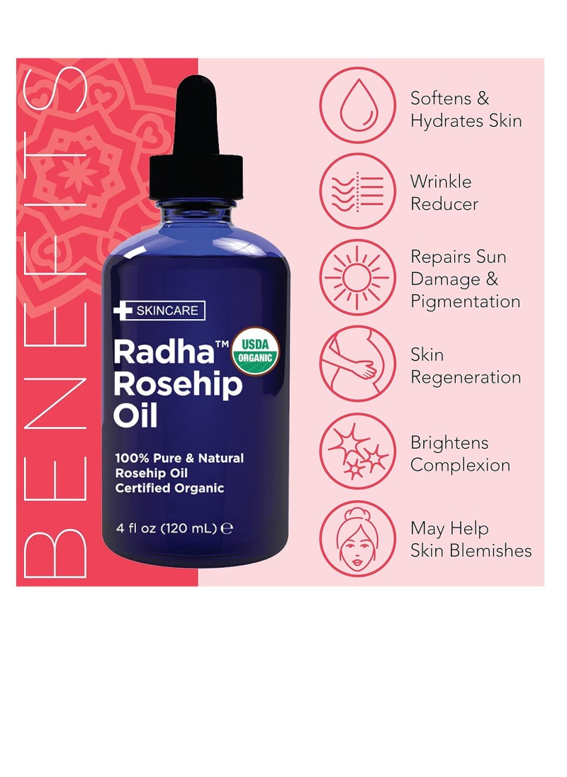 Radha beauty Radha Beauty 4 oz Organic Rosehip Seed Oil 100% Pure Cold Pressed - Great Carrier Oil for Moisturizing Face, Hair, Skin, & Nails, Hydrating and Nourishing  - Image 4