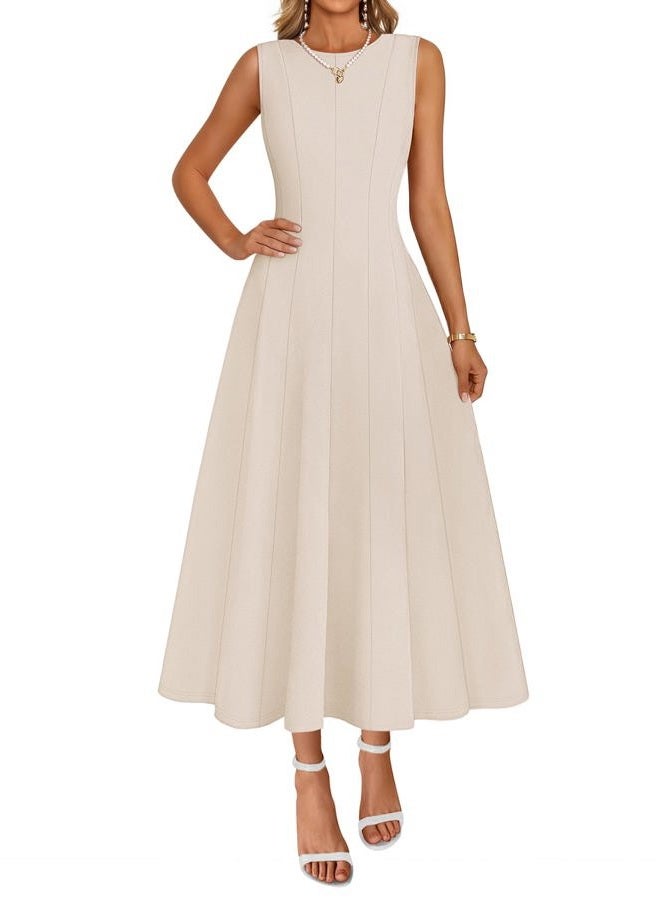 MEROKEETY Women's 2026 Spring Summer Sleeveless Midi Dress Elegant Classy Flowy A Line Work Cocktail Dresses, Apricot, S - Image 1
