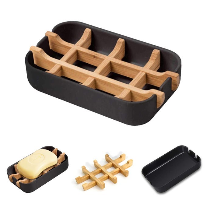 BAMBOO SOAP HOLDER NATURAL BAMBOO SOAP DISH WITH DRAINAGE STORAGE HOLDER DURABLE ANTIMOULD NATURAL SOAP BOX SOAP SAVER FOR SHOWER BATHROOM KITCHEN AND WASH BASIN 1 PACK BLACK
