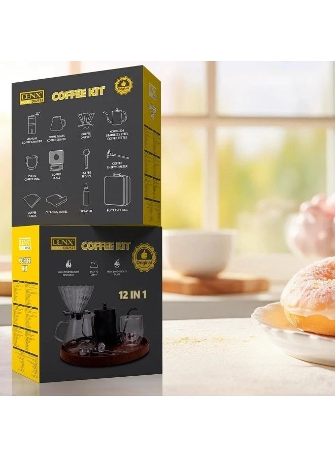 DENX DX2573 12‑in‑1 Pour‑Over Coffee Kit – Borosilicate Glass Server & Kettle, Manual Grinder, Mug, Dripper & Full Accessories Set - Image 2