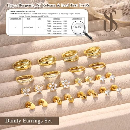 Jstyle Hypoallergenic 14k Gold Plated Stud Hoop Earrings for Women Surgical Stainless Steel Flat Back Earrings Small Stack Hoops Cartilage Earring Set for Multiple Piercing Jewelry Gifts for Women C - Image 3