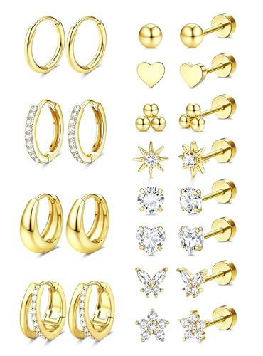 Jstyle Hypoallergenic 14k Gold Plated Stud Hoop Earrings for Women Surgical Stainless Steel Flat Back Earrings Small Stack Hoops Cartilage Earring Set for Multiple Piercing Jewelry Gifts for Women C - Image 1