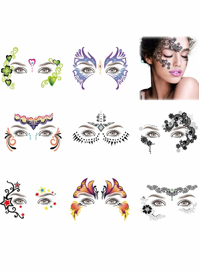 Excefore 8 Pack Face Temporary Tattoo Waterproof Makeup Stickers on Eye Forehead Body for Stage Masquerade Party - Image 1