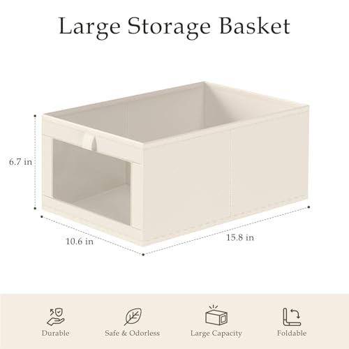 Criusia Linen Closet Organizers and Storage, 4 Pack Linen Closet Baskets with Mesh Window for Organization, Foldable Closet Organizer for Clothing, Towels, Toys, Nursery, Books, Shelves, Beige - Image 3